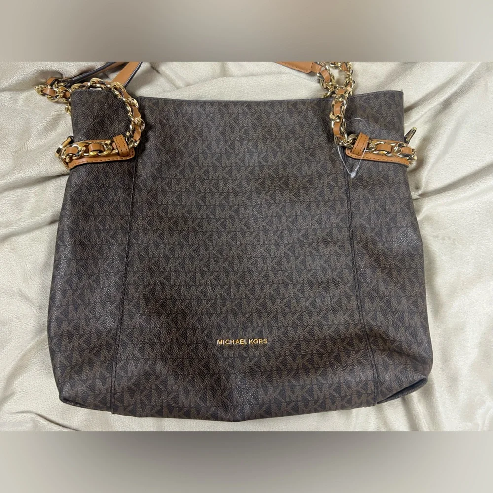 Michael Kors Brown Signature Logo Tote Gold Chain Shoulder Bag